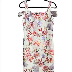 ECI New York Cold Shoulder Floral Zip Up Shiny Knee Length Midi Dress Size 6